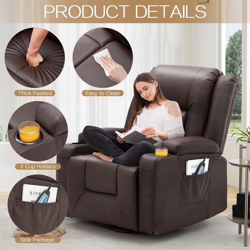 [Black Friday]  YODOLLA Massage Manual Comfort Recliner Chair with Heat,  2Side Pockets, 2 Cup Holders, Leather Rocking Recliner Swivel Comfort