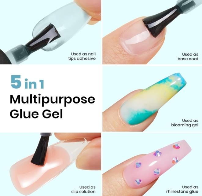 5 in 1 Nail Glue Gel for Nail Tips and Clear Acrylic Nails Long Lasting, Curing Needed UV Extension Glue for Clear False Nail Tips and Clear Press on Nails, Nail Repair Treatment Manicure Nail Art Nail Care Nail Polish Golden Rhinestone Cutics Cosmetic