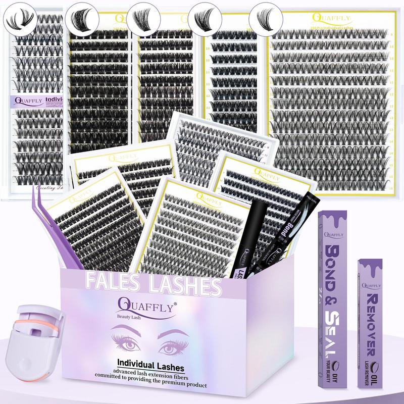 Mixed Length False Eyelashes with Bond and Seal & Remover & Tweezers & Eyelash Curler, 1 Box Natural Look Eyelash Extensions, Self Grafting Eyelash Clusters, Christmas Gift