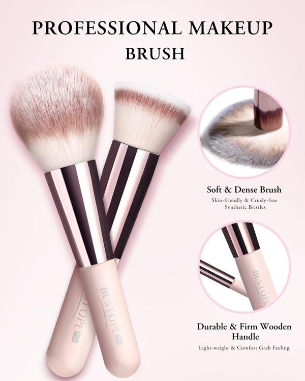 BESTOPE PRO travel Makeup Brushes, 20PCs Professional Makeup Brush Set, Foundation Concealer Powder Eyeshadow Brush Set Contour Eyebrow Brush Kit with Led Light Mirror Travel Case & Powder Puff-Pale Pink