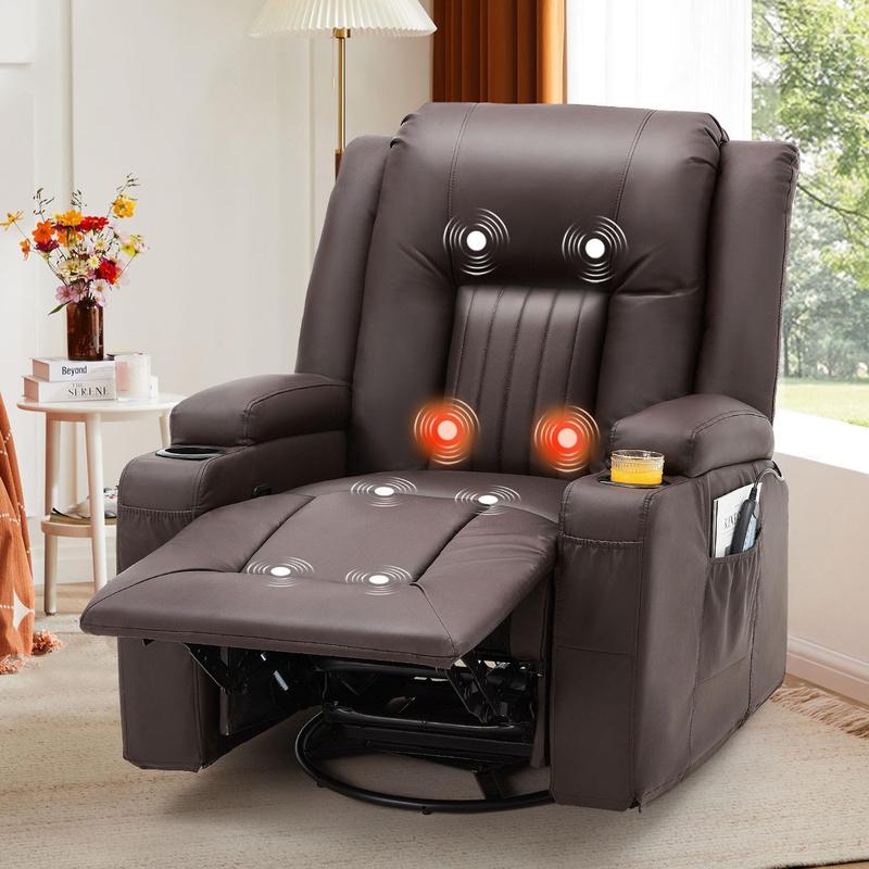 [Black Friday]  YODOLLA Massage Manual Comfort Recliner Chair with Heat,  2Side Pockets, 2 Cup Holders, Leather Rocking Recliner Swivel Comfort