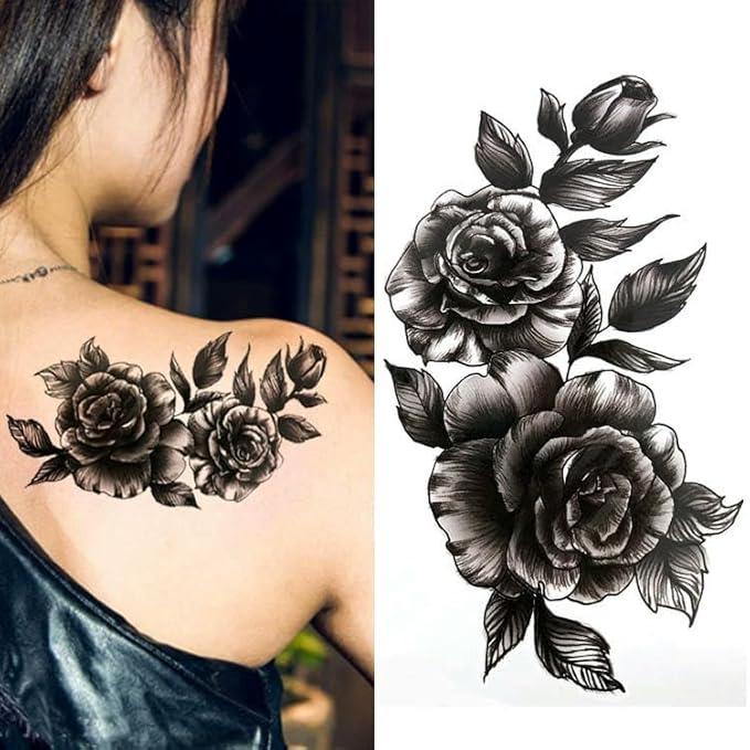 36 Sheets Large Flower Temporary Tattoos Stickers for Women Black Fake Sketch Rose Boho Flowers Tattoo Stickers Waterproof Bohemian Sleeve Leg Body Art Girl Teens Tatoo Sticker