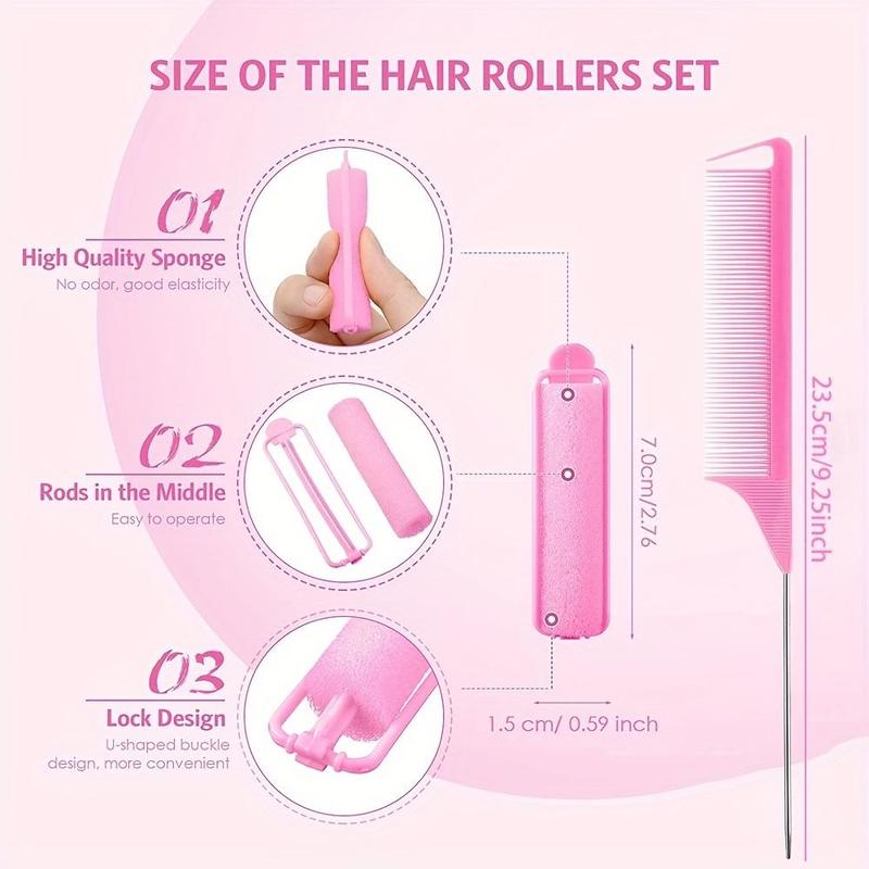 43pcs set Sponge Hair Rollers & Pointed Tail Comb, Heatless Foam Hair Curler Clips with Rat-tail Comb, Professional Hair Styling Tools for Women