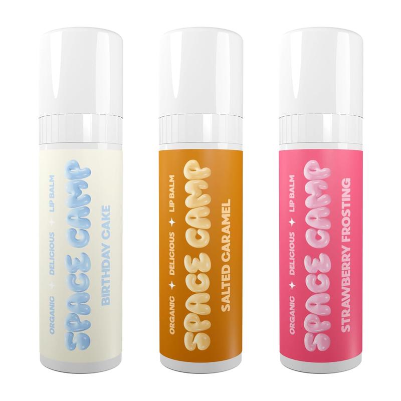 Space Camp Wellness Jumbo Lip Balm - Birthday Pack Variety Flavored Balm (Birthday Cake, Salted Caramel, Strawberry Frosting) - 3 Pack