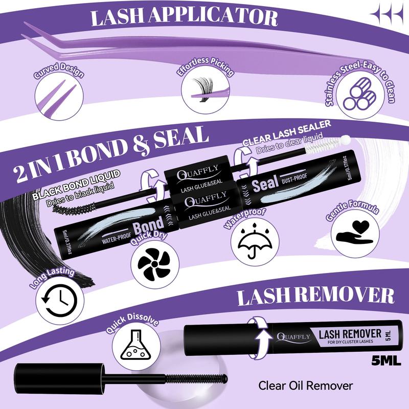 Mixed Length False Eyelashes with Bond and Seal & Remover & Tweezers & Eyelash Curler, 1 Box Natural Look Eyelash Extensions, Self Grafting Eyelash Clusters, Christmas Gift