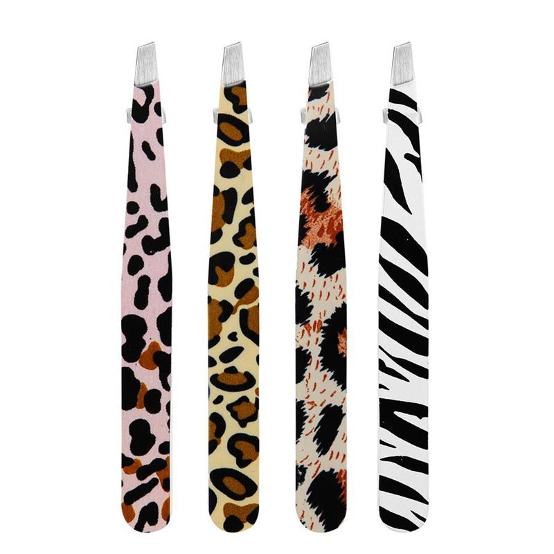 Leopard Pattern Tweezers Set, 4 Counts set Slanted Eyebrow Tweezers, Multifunctional Makeup Tools for Women & Girls