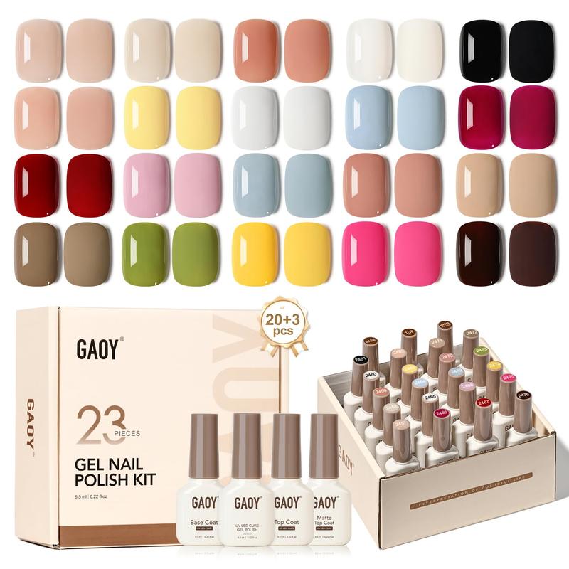 GAOY 23 Pcs Gel Nail Polish Kit, Red Blue Green Jelly Colors All Seasons Gel Nail Polish Set with Glossy & Matte Top Coat and Base Coat for Nail Art Home DIY Gel Nail Kit