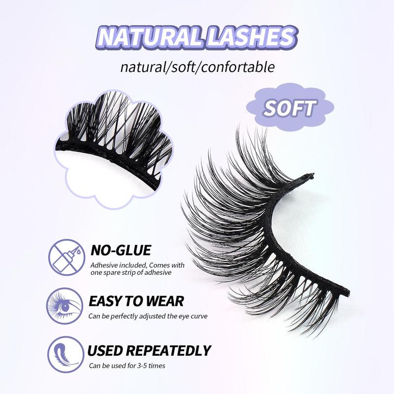 Self-adhesive False Eyelashes Set, 3 Pairs Lightweight Reusable Natural & Fluffy Lashes, Easy Application for Beginners