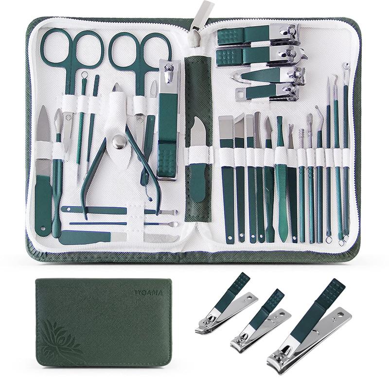 30-Piece Manicure Set with Nail Clippers - Complete Pedicure Kit in Green Travel Case for Home, Work, Gifts, and Salons Stainless Cutics