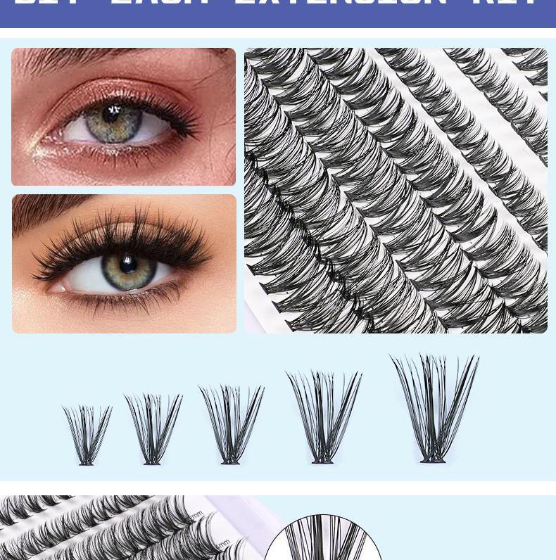 Glamour Upgrade DIY Goddess Essentials Eyelash Extension Set - 240 Mixed Cluster mega Lashes, 9-17mm, 30D and 40D Volume, (with Applicator and Eyelash Adhesive and Sealer) with Adhesive, Sealer and Tweezers for home use!   Makeup Eyelashes Extensions