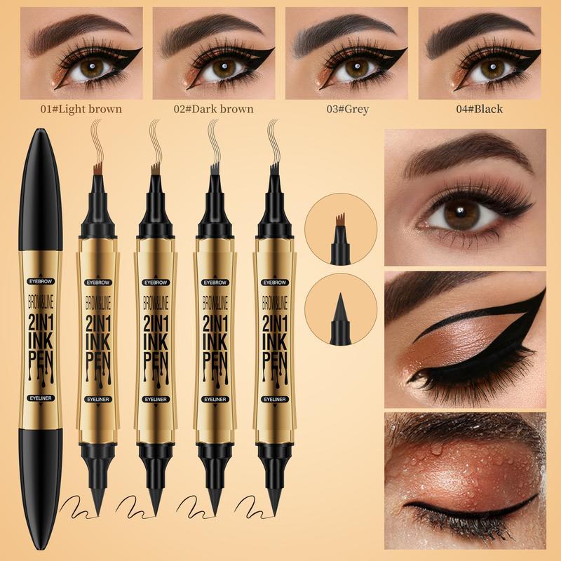 Double-ended Eyeliner + Eyebrow Pen,  Waterproof Long Lasting 2 In 1 Eyeliner Pencil, Eye Makeup, Eyebrow Pencil, Hair-like Eyebrow Pen, 2-in-1 Waterproof, Ultra-Precise, with Dual-ended Eyebrow Brush, Cosmetic, Creamy Pencil Gentle Smooth lip liner