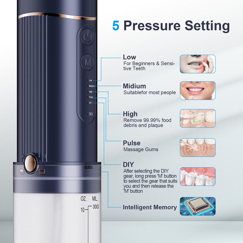 Portable Water Flosser Professional for Teeth Cleaning with 5 Pressure Modes, Over 320ML Removable Water Tank, Type C Rechargeable Oral Irrigator with 5 Jet Tips, Waterproof Travel Case Cordless Daily