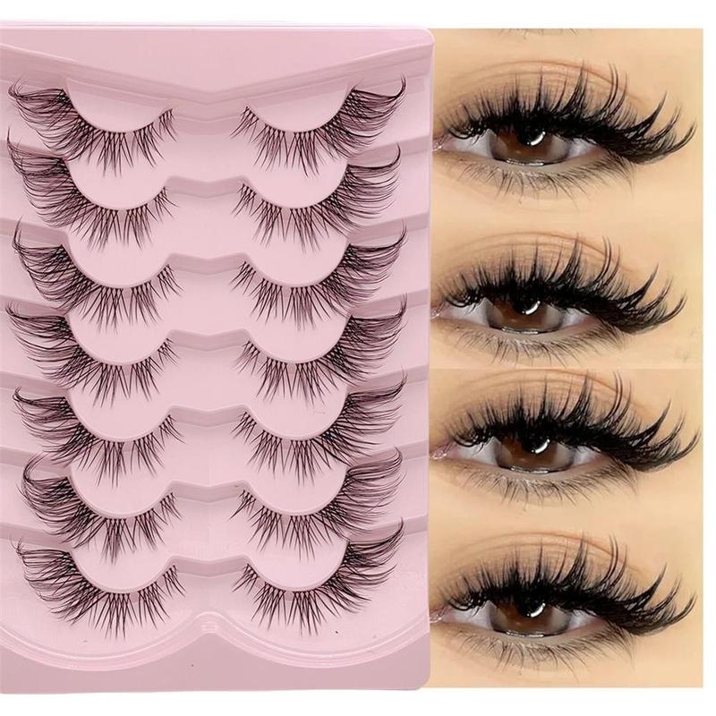 Fluffy False Eyelashes Cluster, 7 Pairs Wispy Cat Eye Look Faux Cluster Lashes, Natural Curling Eye Makeup Strip Lashes for Women & Girls