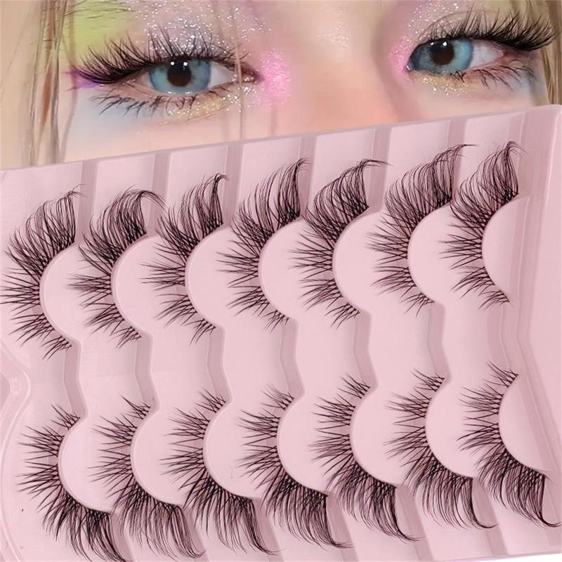 Fluffy False Eyelashes Cluster, 7 Pairs Wispy Cat Eye Look Faux Cluster Lashes, Natural Curling Eye Makeup Strip Lashes for Women & Girls