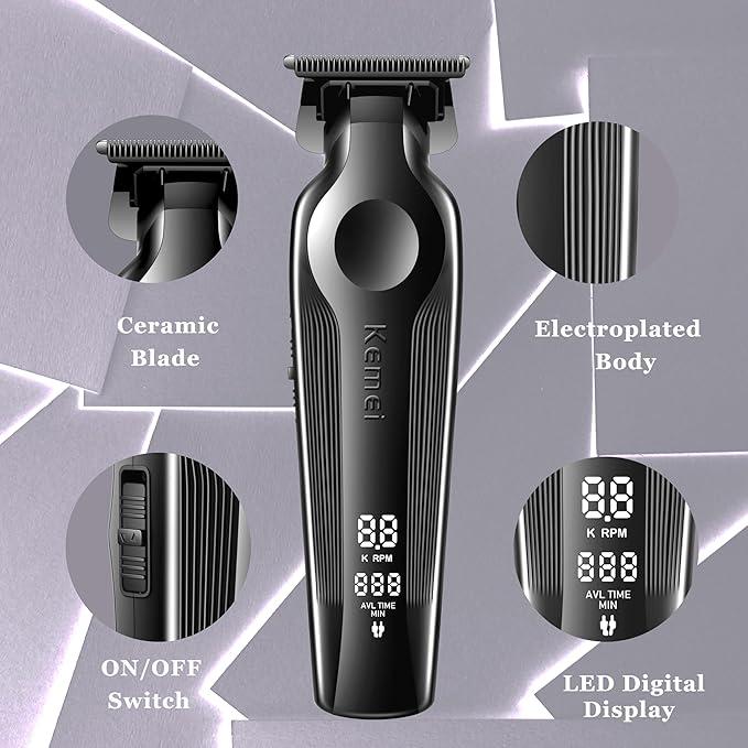 KEMEI Hair  for Men, Zero Gapped Cordless Hair Clippers   with T Blade,  Barber Clippers with LED Display, Black rechargeable beard trimmer Brush Removable