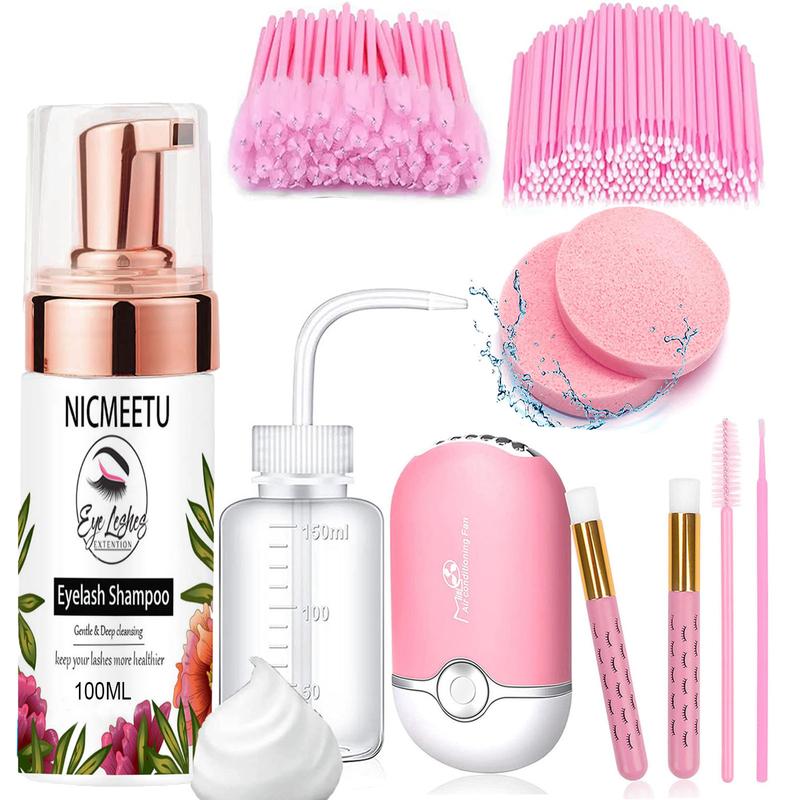 100ML Lash Shampoo for Lash Extensions.Lash Cleaning Kit with 1 Pcs USB Lash Fan 50 Pcs Eyelash Brushes 100 Pcs Micro Brush 2 Pcs Lash Shampoo Brush 2 Pcs compressed Sponge and Rinse Bottle