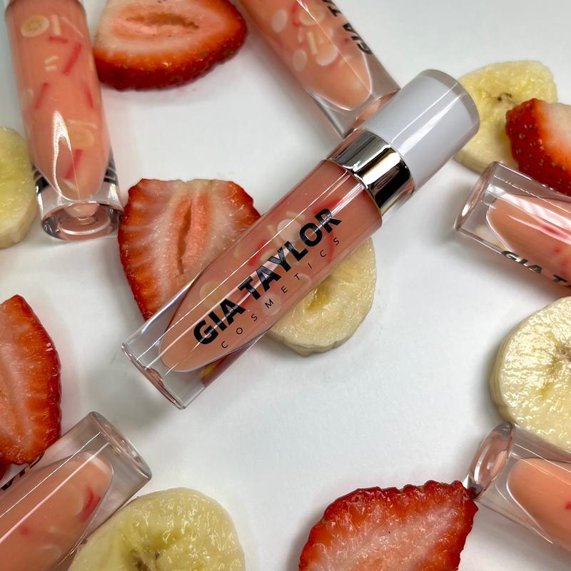 Strawberry Banana Smoothie Lipgloss sheer clear lipgloss vegan cruelty free non sticky moisturizing oil base lip gloss smooth silky