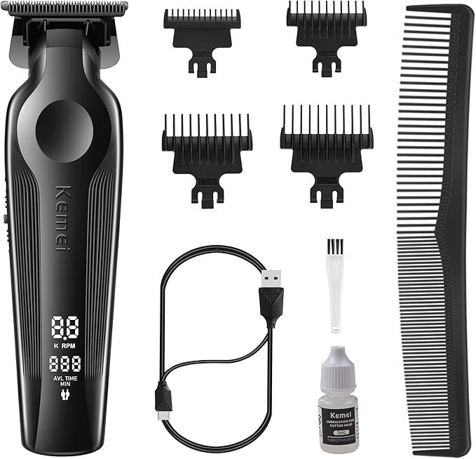 KEMEI Hair  for Men, Zero Gapped Cordless Hair Clippers   with T Blade,  Barber Clippers with LED Display, Black rechargeable beard trimmer Brush Removable