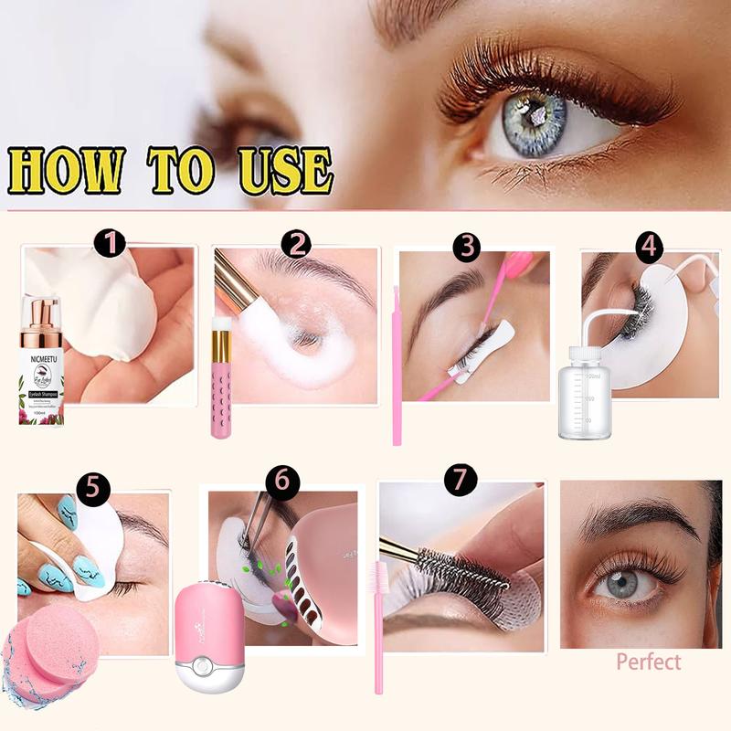 100ML Lash Shampoo for Lash Extensions.Lash Cleaning Kit with 1 Pcs USB Lash Fan 50 Pcs Eyelash Brushes 100 Pcs Micro Brush 2 Pcs Lash Shampoo Brush 2 Pcs compressed Sponge and Rinse Bottle