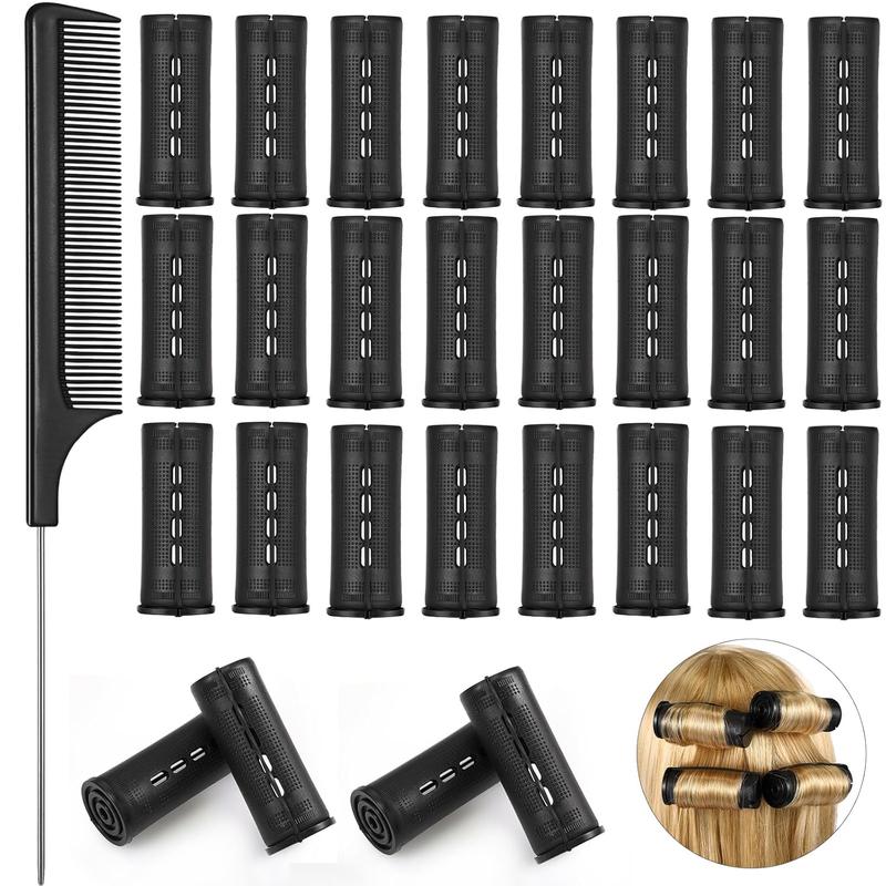 24 count Hair Perm Rods Cold Wave Rods Plastic Perming Rods Curlers Hair Rollers with Steel Pintail Comb Rat Tail Comb Tools for Hairdressing Styling(Black,1.18 Inches)