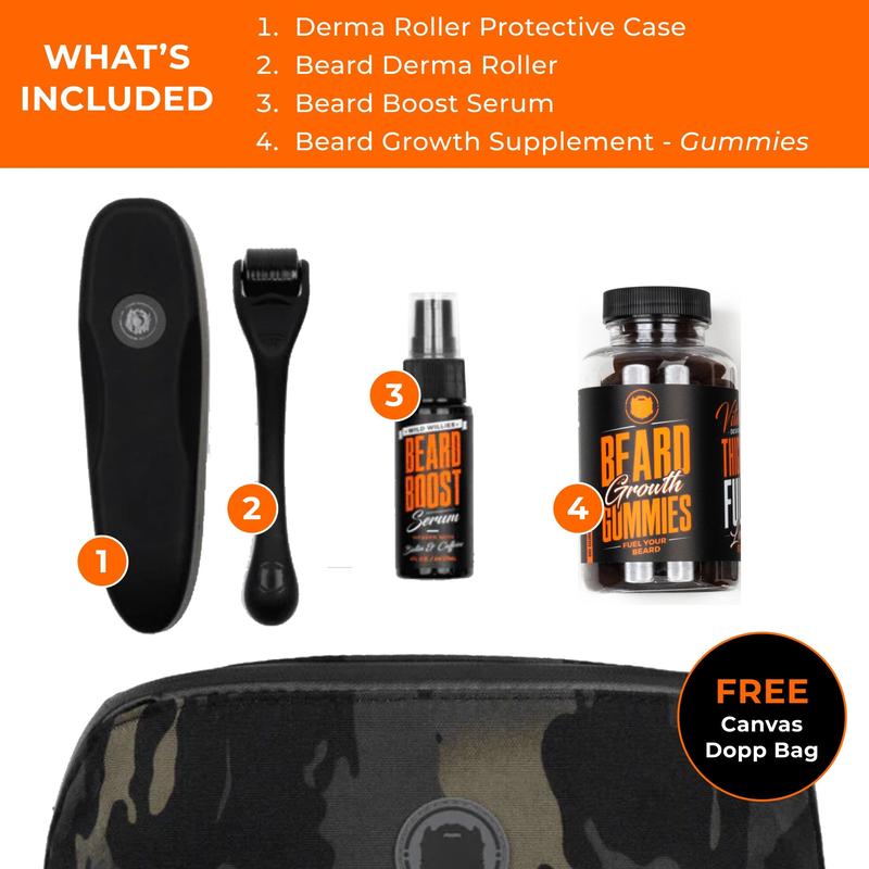 Derma Roller, Beard Growth Oil & Gummies - Micro-needling Roller for Face, Body & Scalp - Beard Roller with Beard Boost Serum Gift Kit