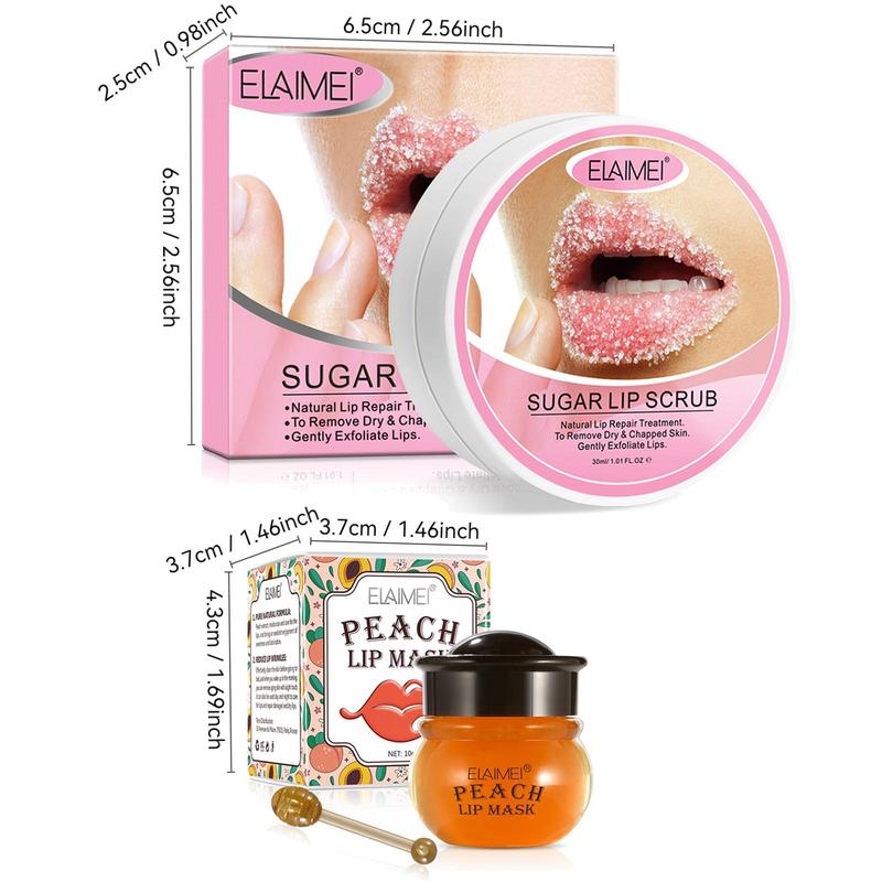 Sugar Lip Scrub & Honey Lip Mask & Peach Lip Mask, 3 Counts set Moisturizing Lip Care Set, Lip Exfoliating Scrub, Lip Care Product for Women & Girls