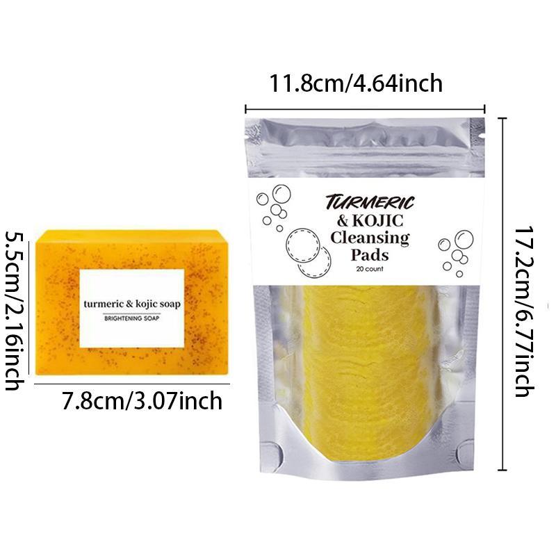 Turmeric Kojic Acid Cleansing Pad & Soap Set, 3 Counts Brightening Soap & 2 Packs Cleansing Pads & Foaming Net, Body Wash & Soap for Men & Women