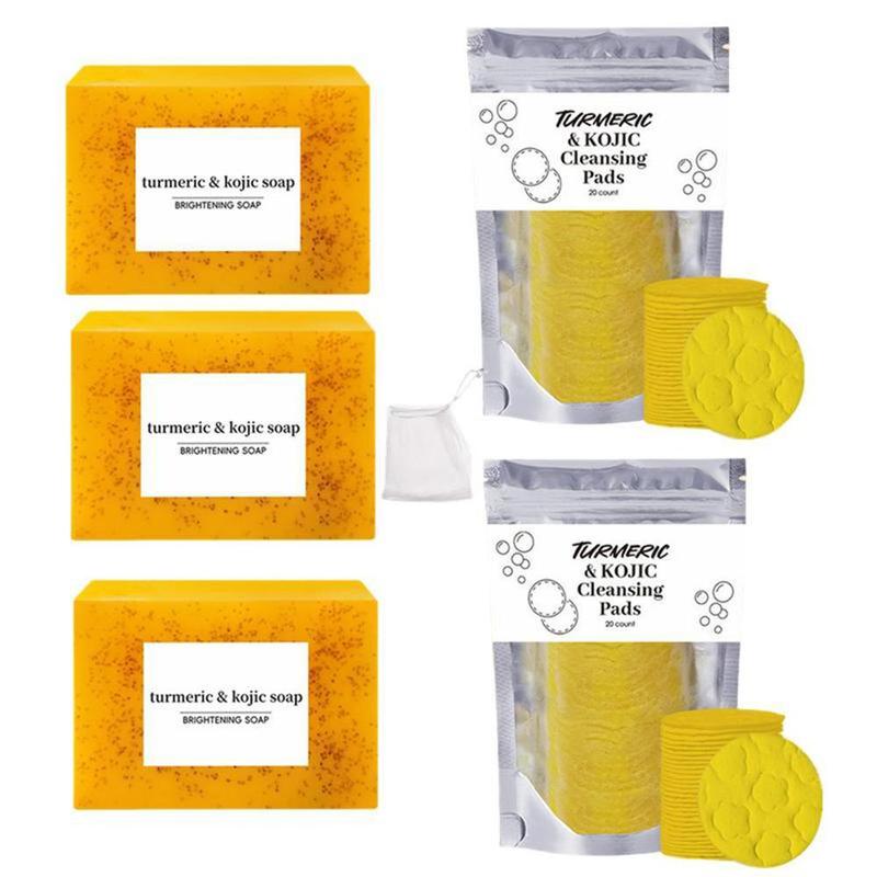 Turmeric Kojic Acid Cleansing Pad & Soap Set, 3 Counts Brightening Soap & 2 Packs Cleansing Pads & Foaming Net, Body Wash & Soap for Men & Women