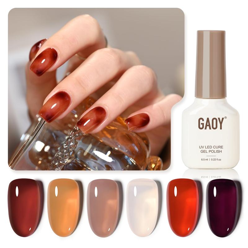 GAOY UV Gel Nail Polish Jelly Brown of 6 Transparent Nude White Dark Red Colors Sheer Gel Polish Kit for Salon Gel Manicure and Nail Art DIY at Home