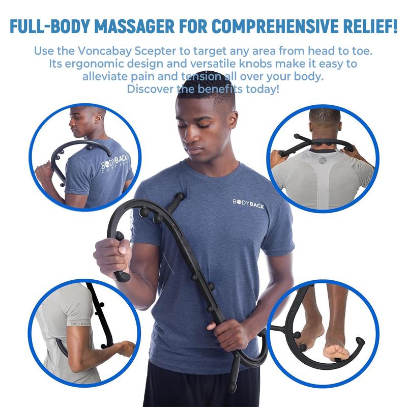 Voncabay Scepter USA Made Handheld Massage Cane - Dual Hook Deep Tissue Trigger Point Tool for Full Body Pain Relief - Perfect for Back, Shoulder, and Neck (Black Blue)