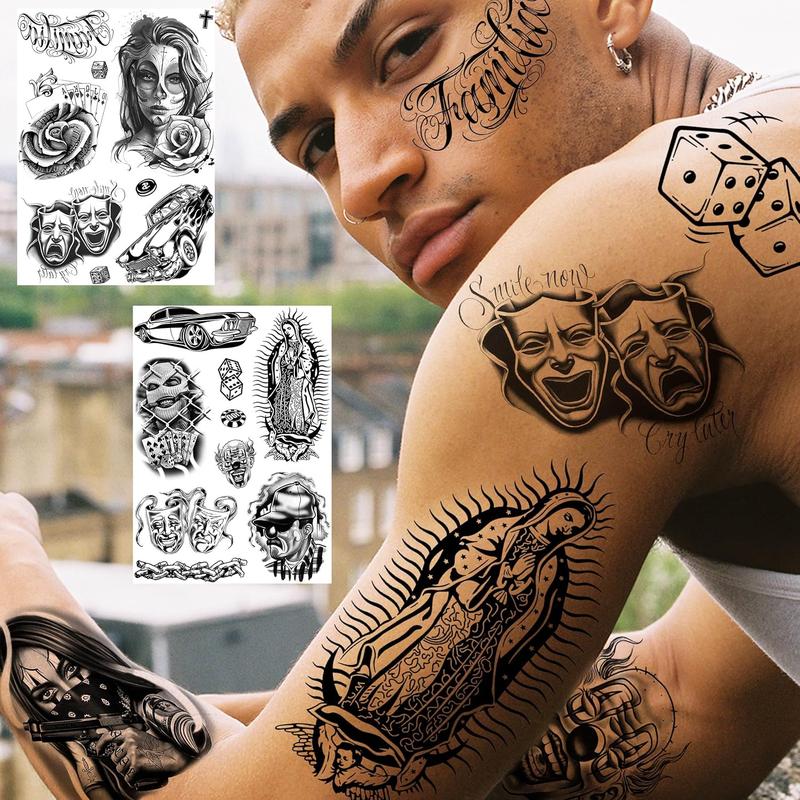 6 Sheets Large Chicano Temporary Tattoos For Men Women , Chicana Guadalupe Gangster  Tattoos Prisoner Day of the Dead,  Mexico  Stickers, Tatuajes Temporales Autocolante