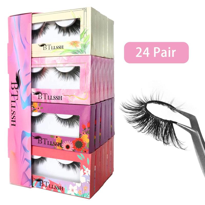 Fluffy False Eyelashes, 24 Pairs Natural Look Eyelash Extensions, Self Grafting Curl Eyelashes, Eye Makeup Enhancement False Eyelashes for Women & Girls