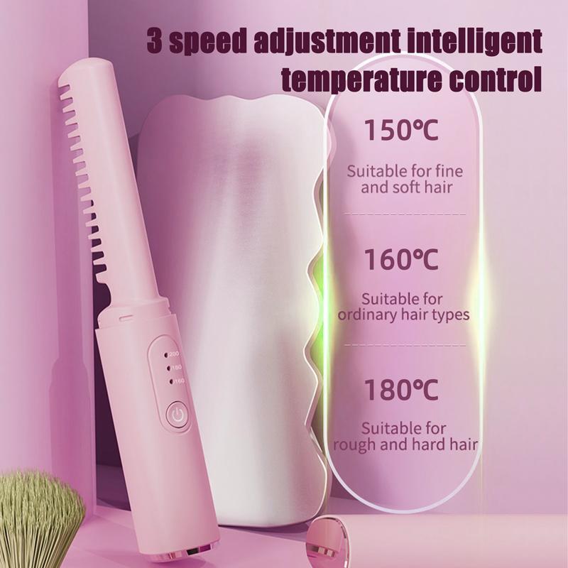 Cordless Hair Straightener Brush, 1 Box Negative Ion Anti-frizz Ceramic Straightener Brush, Mini Hot Ionic Straightener Comb for Women