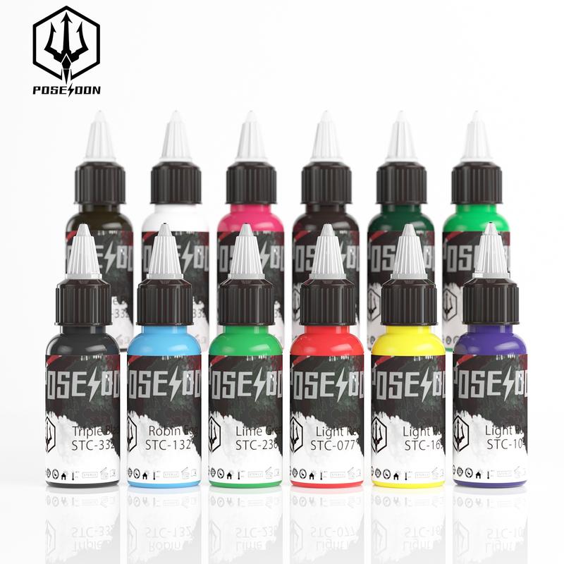 POSEIDON Professional Tattoo Ink Color Set 12 Colors with 30 ml 1oz per Bottle Tattoo Ink Set for Tattoo Artist and Beginners Tattoo Supplies Tattoo Ink Set