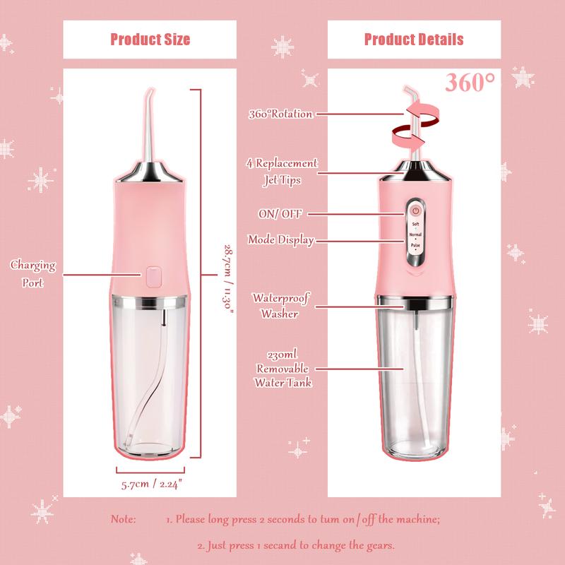 Christmas Gift Rechargeable Pink Burst Water Flosser Portable Teeth Cleanser for Braces, Oral Dental Irrigator Cordless Waterproof Cleaning Tool