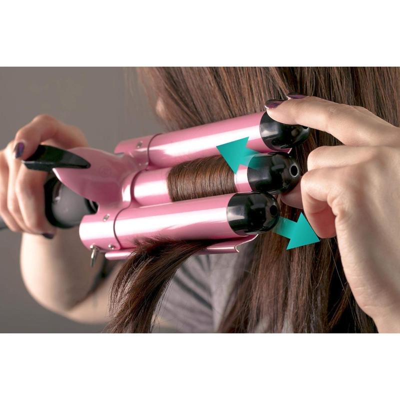 Alure 3 Barrel Hair Waver for Beachy Frizz-Free Waves w LCD Temperature Display - 1 Inch Ceramic Tourmaline Triple Barrels, Dual Voltage Crimping Tool