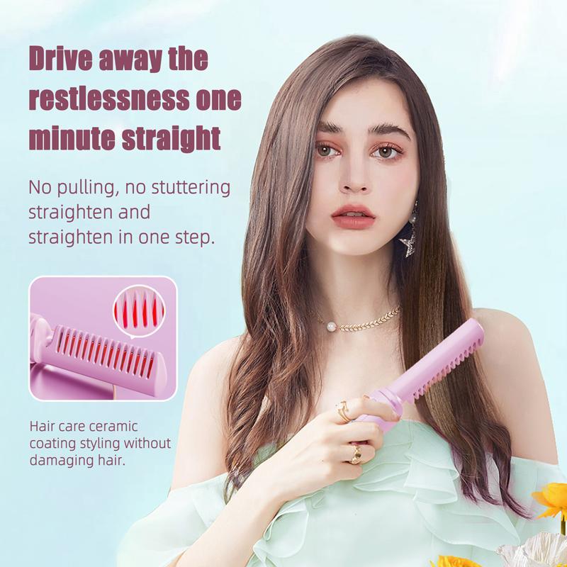 Cordless Hair Straightener Brush, 1 Box Negative Ion Anti-frizz Ceramic Straightener Brush, Mini Hot Ionic Straightener Comb for Women