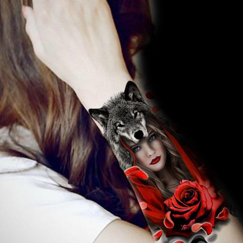 Wolf Head & Flower Pattern Temporary Tattoo, Body Art Supplies For Women And Men