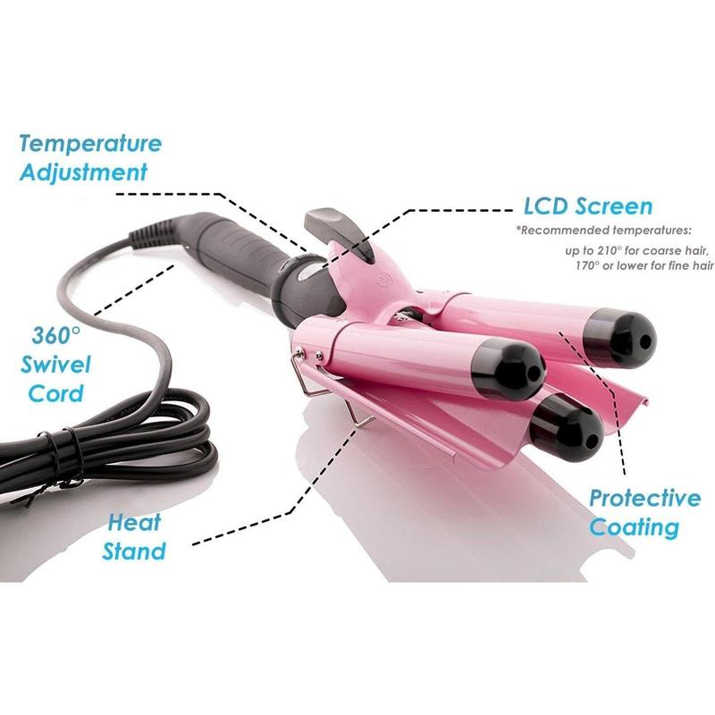 Alure 3 Barrel Hair Waver for Beachy Frizz-Free Waves w LCD Temperature Display - 1 Inch Ceramic Tourmaline Triple Barrels, Dual Voltage Crimping Tool