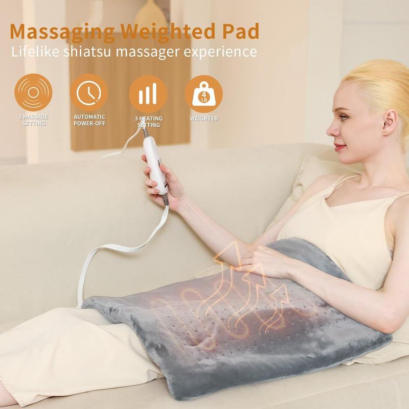 Massage Weighted Heating Pad, Back and Shoulder Heating Pad, Electric Heating Pad with 3 Heat Settings, 6 Massage and Moist Heat Options, Auto Shutoff, Gift for Women Men Mom