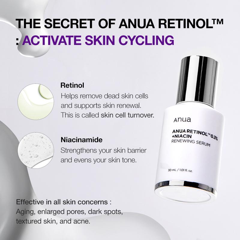 [Anua Official Shop] Retinol 0.3% + Niacin Renewing Serum, 1.01 fl. oz. (30ml) ｜Korean Skin care, for Signs of Aging, Slow aging, Daily gentle retinol