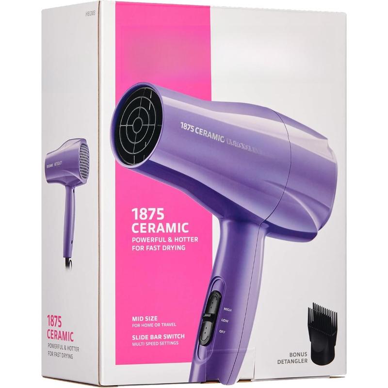 1875 Ceramic Hair Dryer,  Fast Drying, Multi-Setting with Comb Attachment, Additional Detangler Included, Slide Bar , Compact for Home & Travel (Purple)