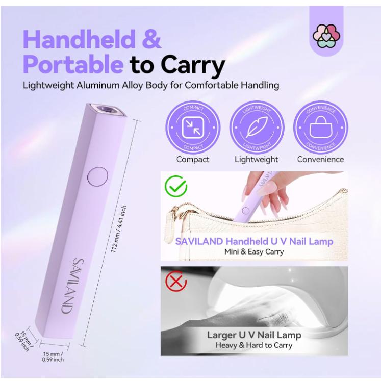 SAVILAND Handheld U V Light for Nails: 3W Portable Mini UV Light for Gel Nail Sticker LED Gel X Nail Lamp Gel Polish 180mAh Rechargeable Flashlight Type-c Gel X Nail Dryer Home DIY Nail Art Self Use