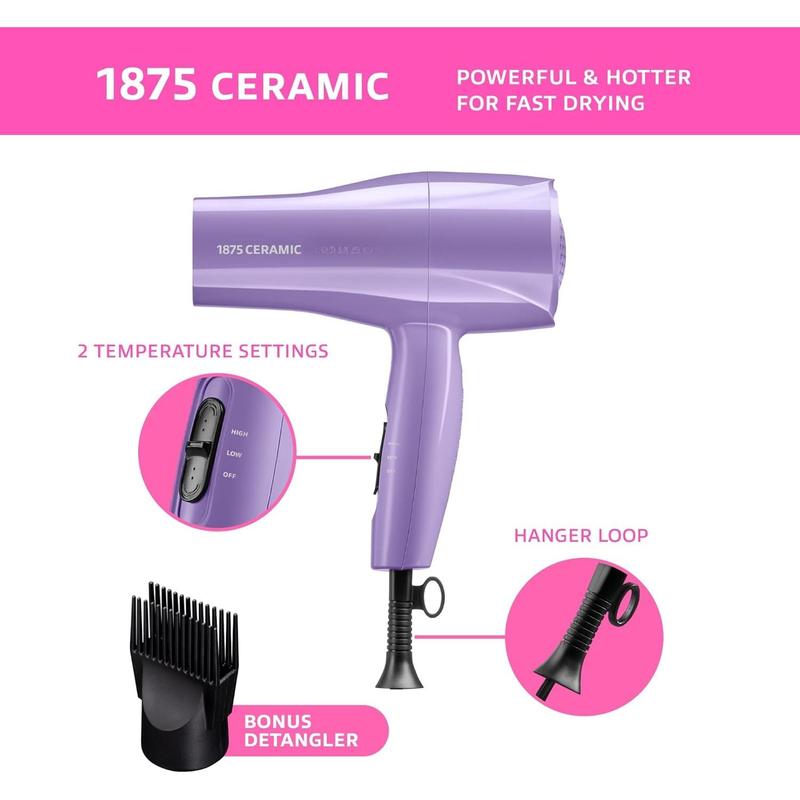 1875 Ceramic Hair Dryer,  Fast Drying, Multi-Setting with Comb Attachment, Additional Detangler Included, Slide Bar , Compact for Home & Travel (Purple)