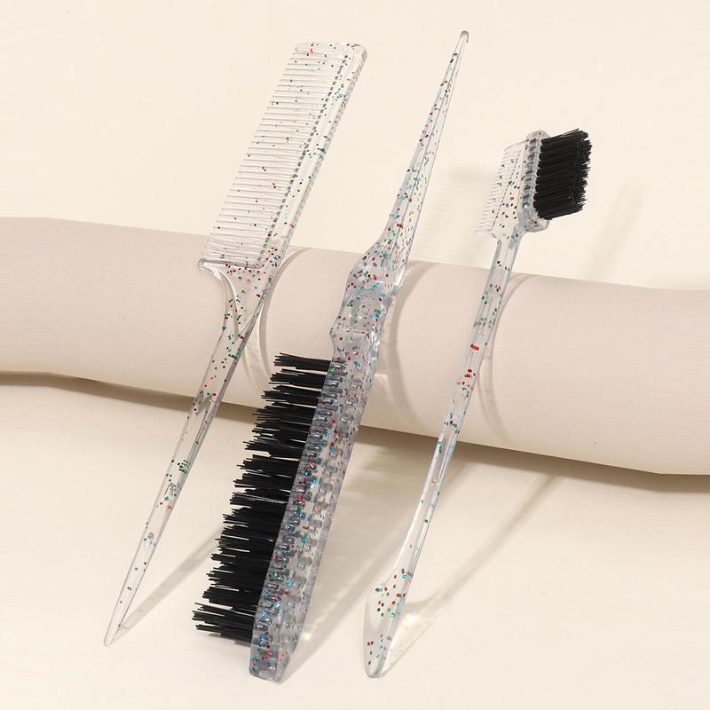 3pcs set Glitter Design Hair Brush Set, Pointed Tail Comb & Edge Control Brush & Fluffy Styling Comb Set, Heatless Styling Tools for Women