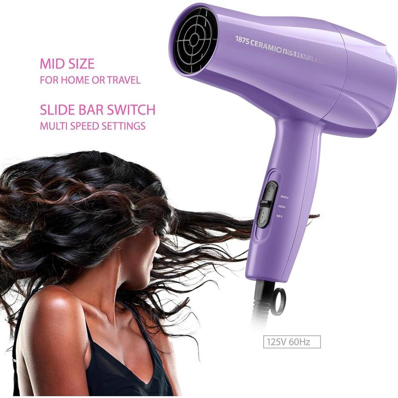 1875 Ceramic Hair Dryer,  Fast Drying, Multi-Setting with Comb Attachment, Additional Detangler Included, Slide Bar , Compact for Home & Travel (Purple)