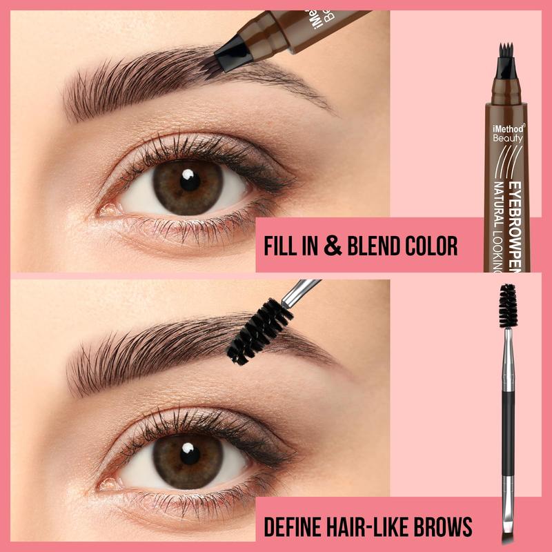 iMethod Microblading Eyebrow Pen - Eyebrow Pencil, Magical Upgraded Eye Brow Pen, 4 Fork Tip & Spoolie Brush for Natural-Looking Brows, Last All-Day