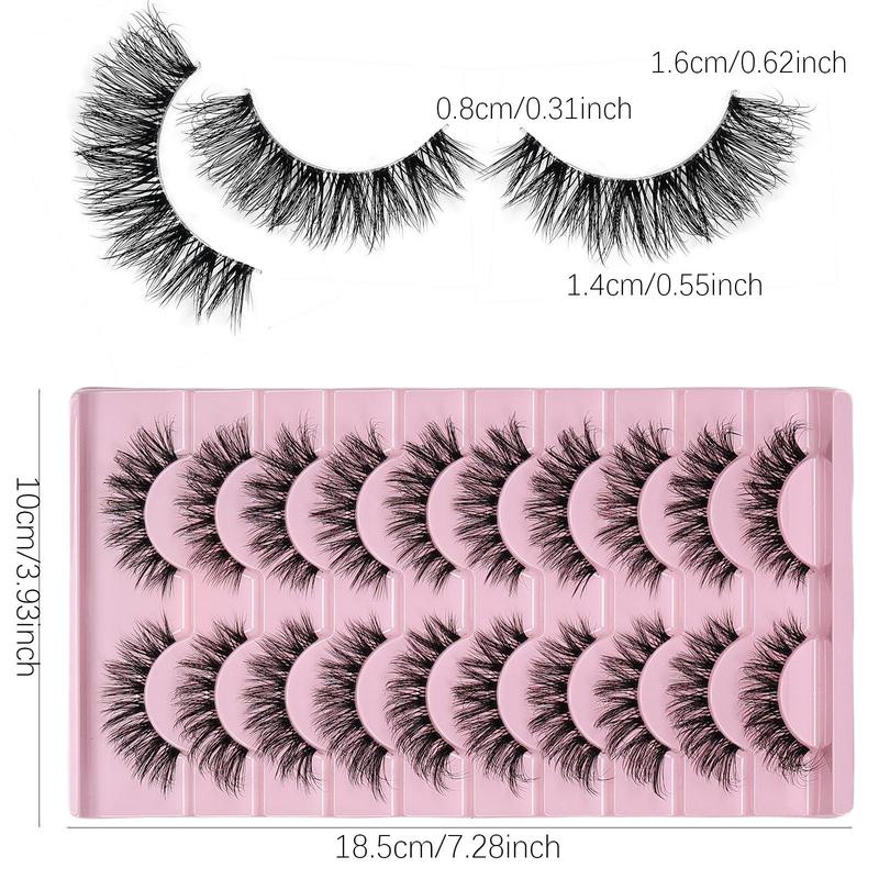 Natural Fluffy False Eyelashes, 10 Pairs Wispy Lashes, 3D Volume Strip Lashes, D Curl Fake Eyelashes with Clear Band Eye Lashes