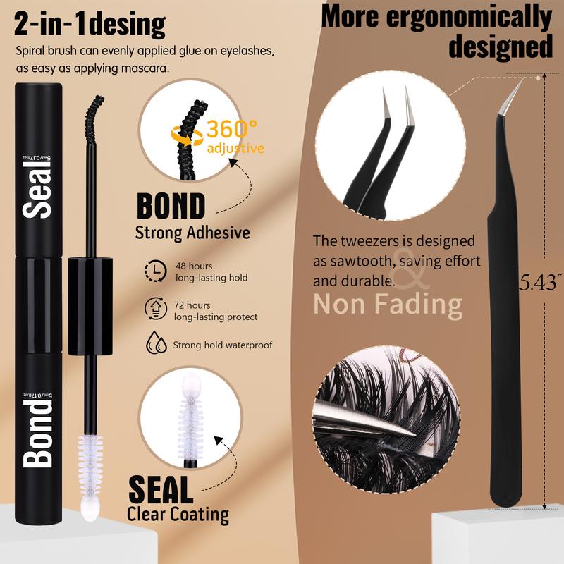 Volume Lash Clusters Kit DIY Lash Extension Kit D Curl Eyelash Extensions with Lash Bond and Seal Waterproof Tweezers,10-14mm Eye Corner Eyelashes and 16-18MM Cluster Lashes(300PCS,80D+100D)