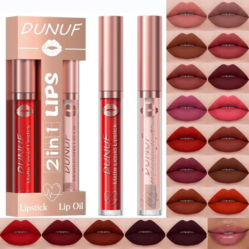 2 in 1 Matte Waterproof Long-lasting Lip Gloss, 2 Counts set Moisturizing Lip Oil, Non-stick Cup Non-fading Lipstick, Perfect Gift for Women, Christmas Gift